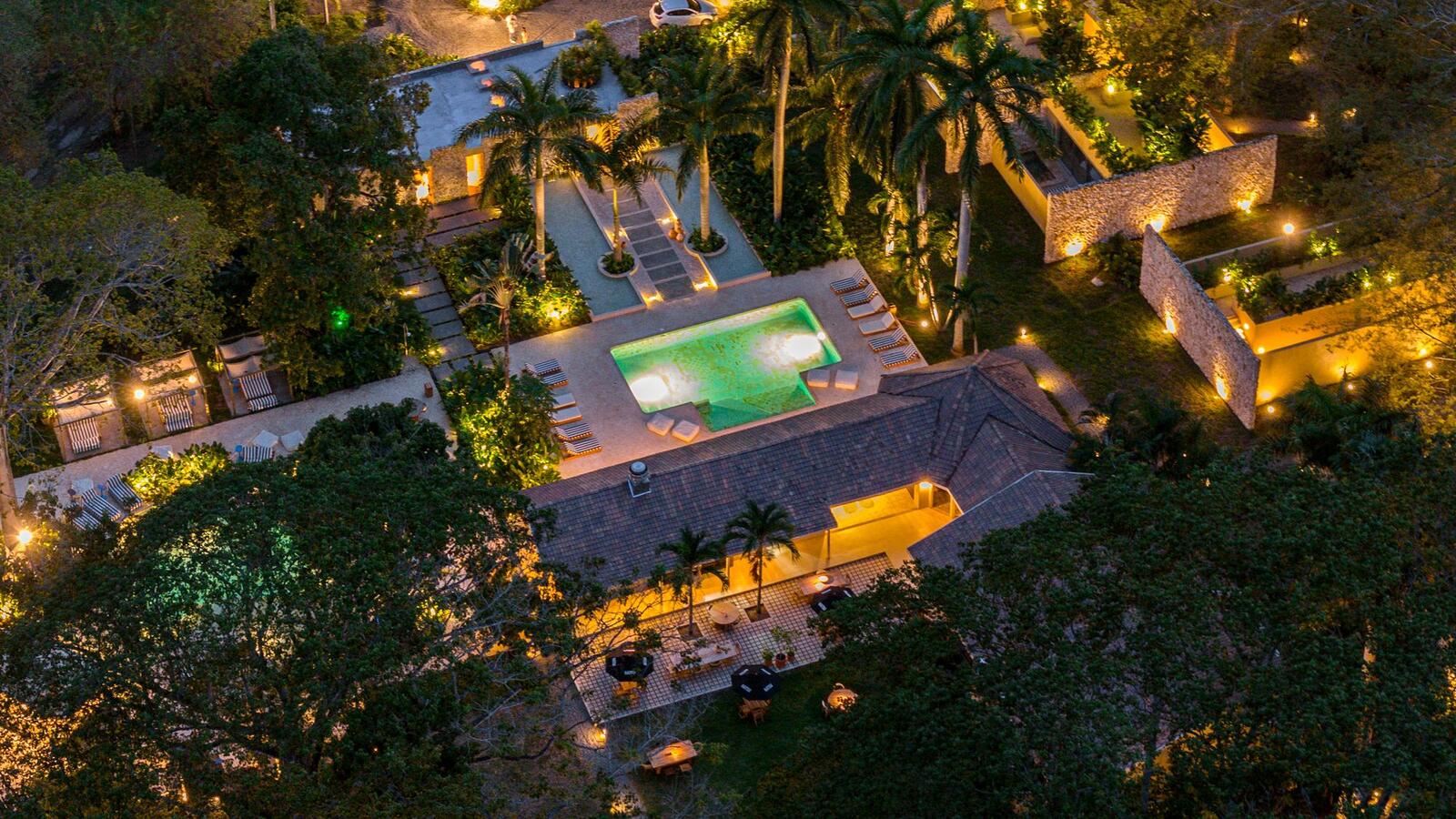 Aerial view at dusk of Arde La Selva, designed and built by Visible