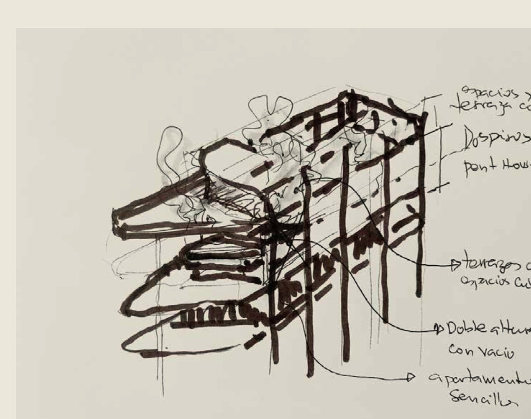 Initial sketch — terraces, double heights and voids