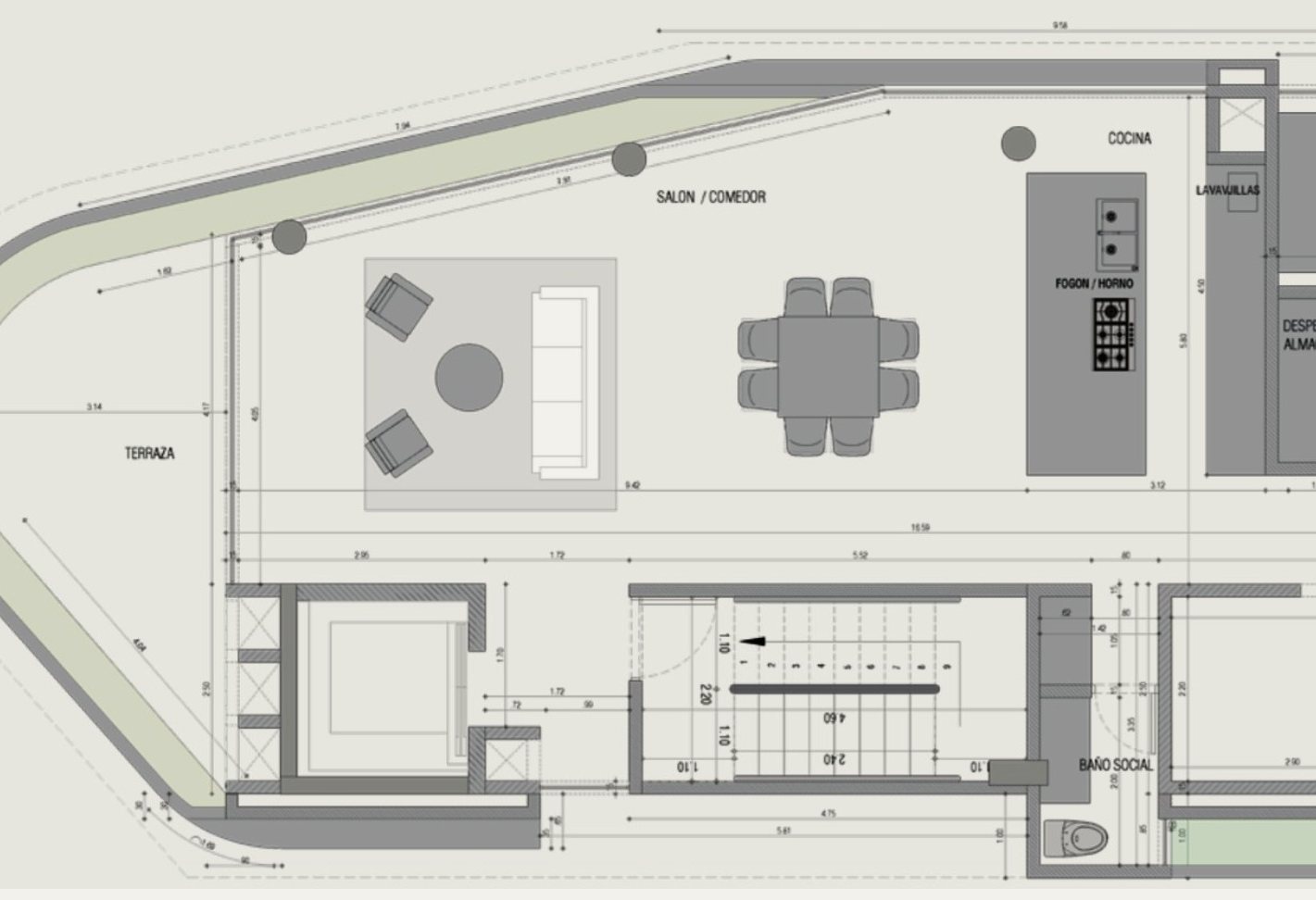 Detail — living, dining and terrace
