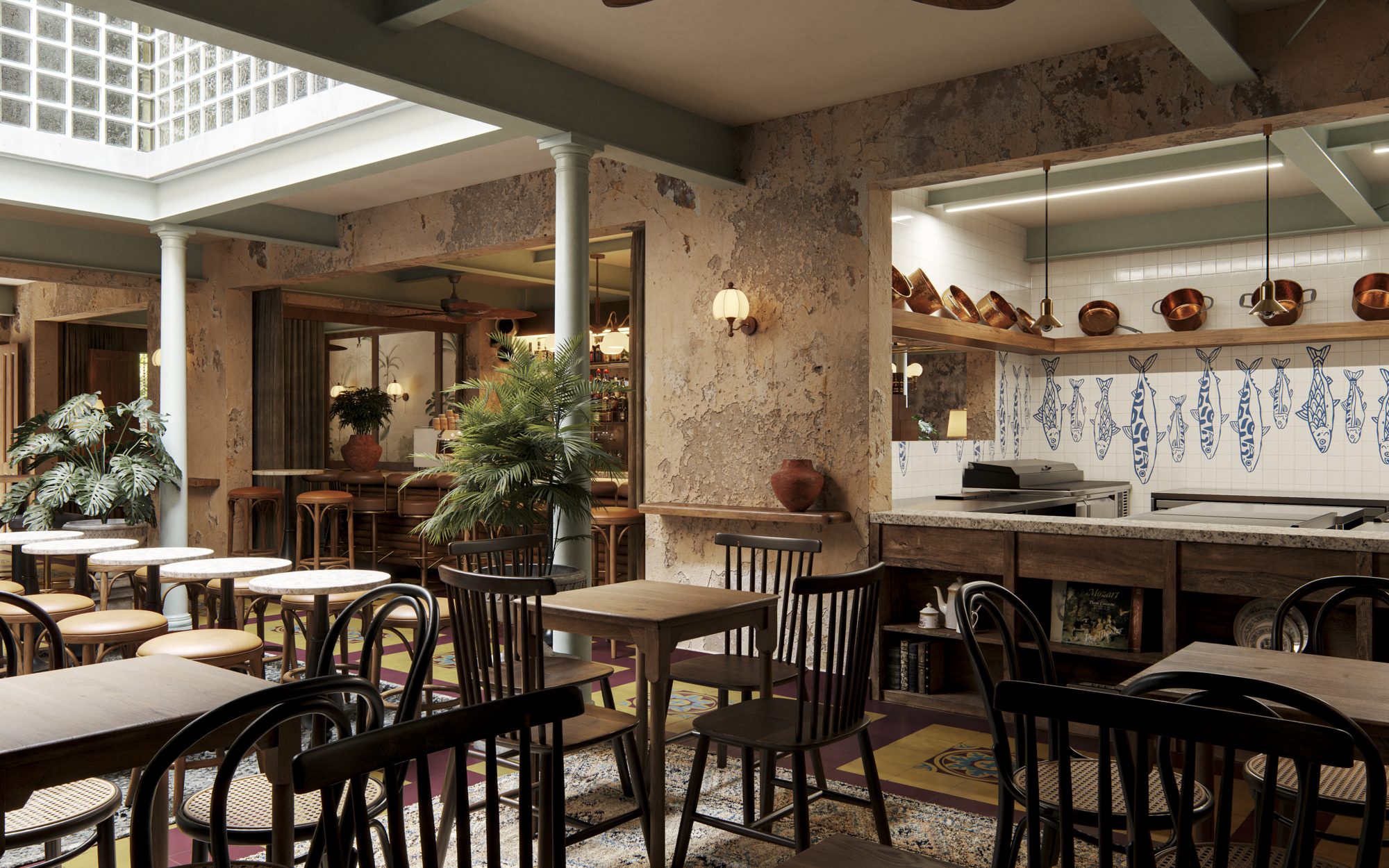 Render — courtyard and bar