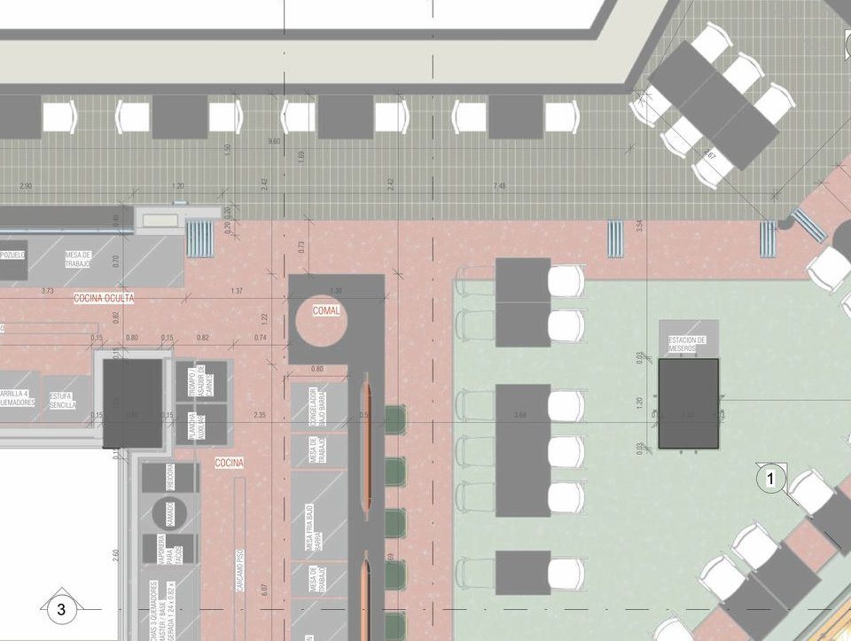 Detail — kitchen line and bar